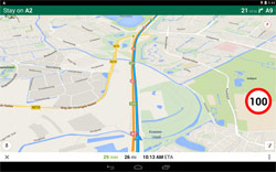 Android tablet running Maps Speed Limits with round traffic sign indicating speed limit